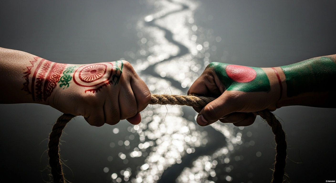 A close-up image depicts two symbolic hands, representing India and Bangladesh, pulling a frayed rope under dramatic lighting, illustrating the escalating political tensions, diplomatic disagreements, and economic friction, including the Teesta River dispute, impacting cross-border mobility and trade.
