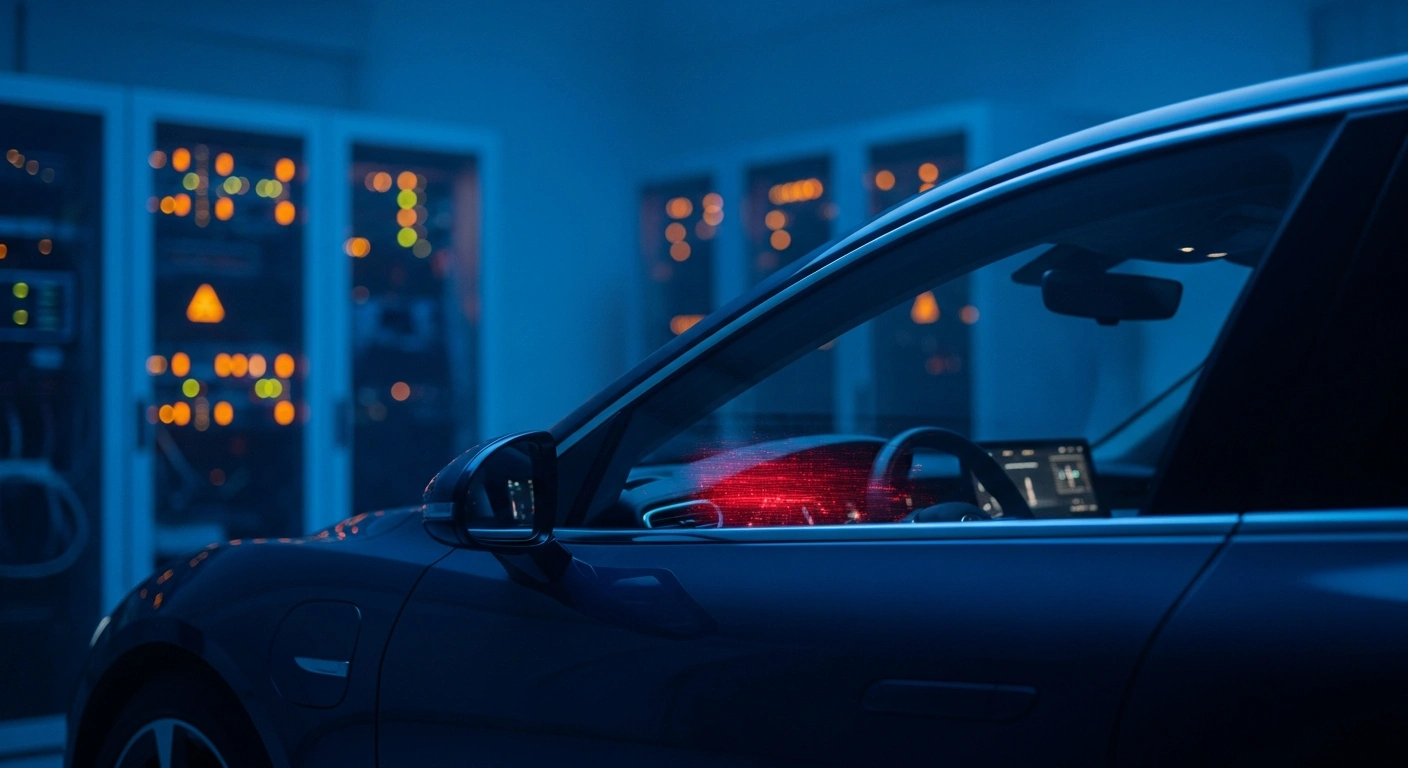 A modern electric vehicle sits in a high-tech facility as the Indian government bans China-linked mobile apps due to cybersecurity risks to automotive infrastructure.