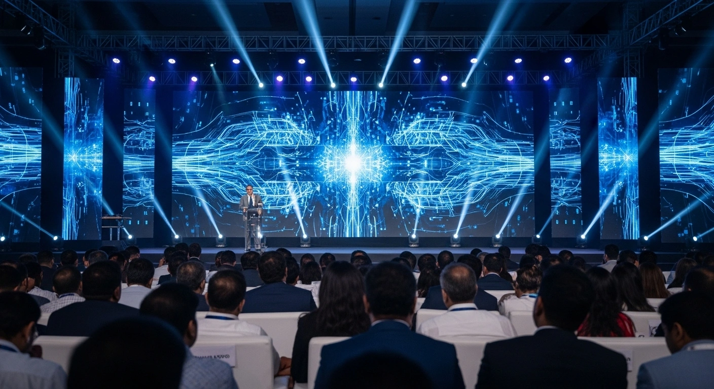 A dynamic, low-angle photograph captures a charismatic speaker on a grand, illuminated stage, with a large, abstract digital display glowing behind them and a diverse, engaged audience blurred in the foreground, symbolizing the Business Standard BFSI Insight Summit 2025 in Mumbai where financial policymakers and industry leaders discuss digital transformation and AI in finance.