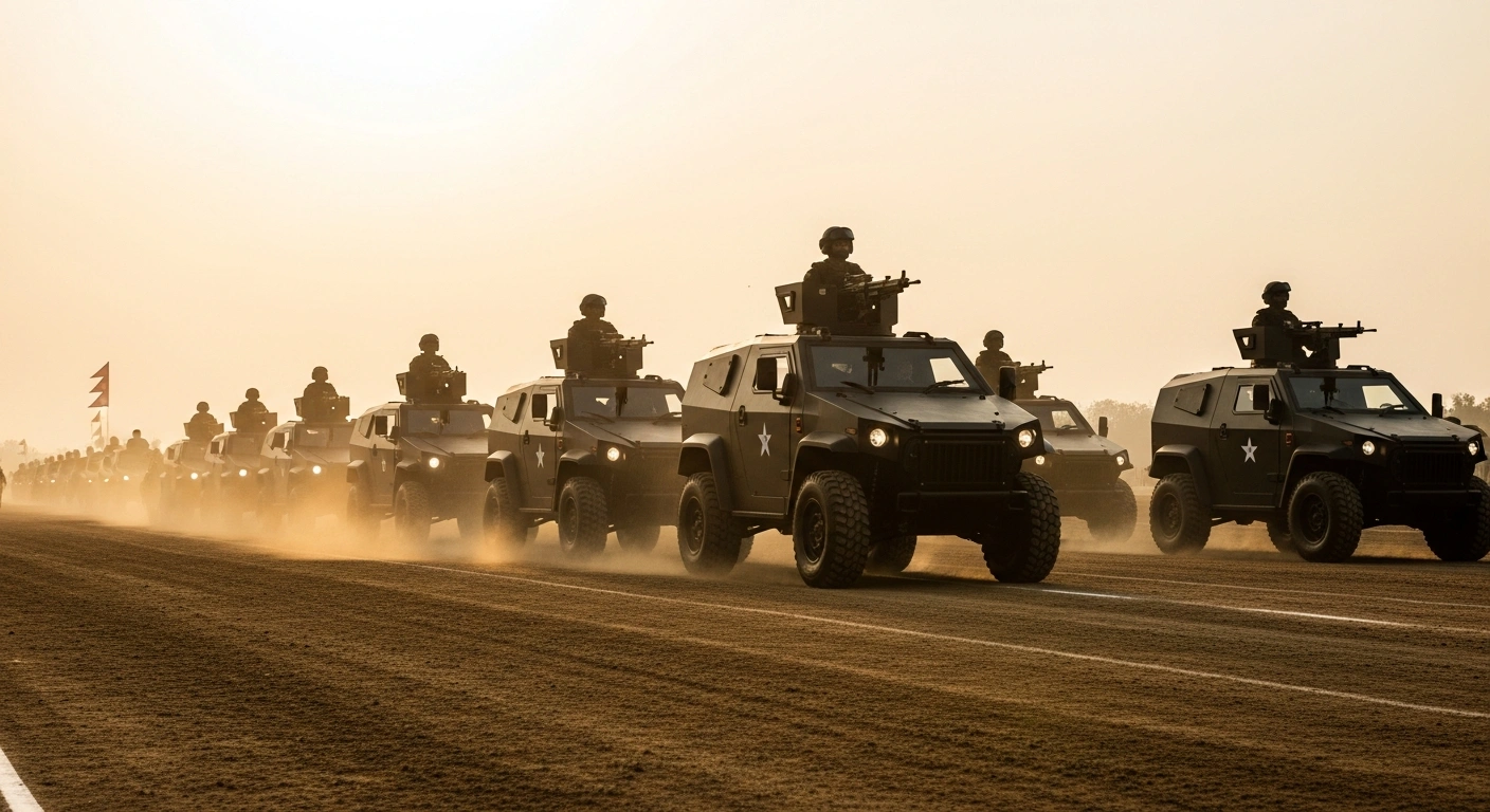 A low-angle, wide shot captures India's newly raised Bhairav Battalions, equipped with high-tech gear and compact vehicles, advancing dynamically during an Army Day Parade, symbolizing the Indian Army's modernization for high-speed offensive and special operations.
