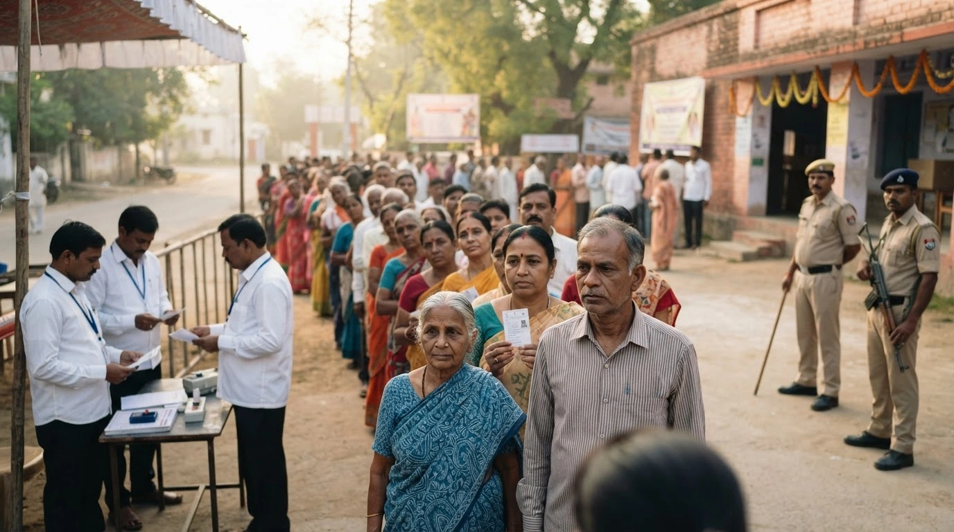 Voters wait in a secure line to cast their ballots at a polling station during the assembly and Lok Sabha by-elections in India.