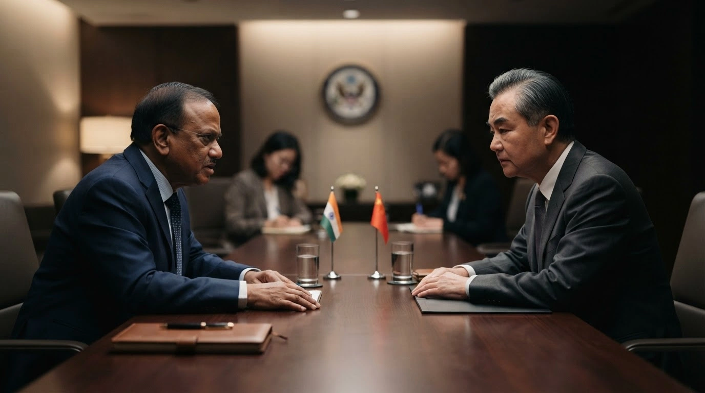 Indian National Security Advisor Ajit Doval and Chinese Foreign Minister Wang Yi sit across from each other during high-level boundary talks to discuss border issues.
