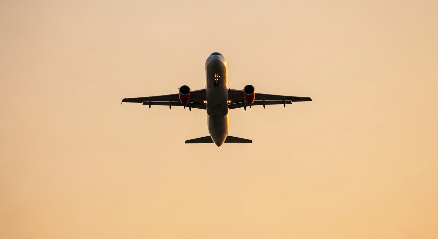 A commercial airliner, symbolizing the resumption of direct commercial flights between India and China by October 2025, ascends into a golden dawn sky from an airport runway.