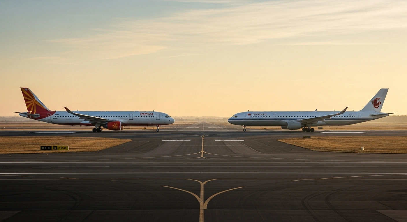 Two commercial passenger jets, one with Indian livery and one with Chinese livery, are seen on parallel airport runways during golden hour, symbolizing the resumption of direct commercial flights and a cautious thaw in bilateral relations between India and China.