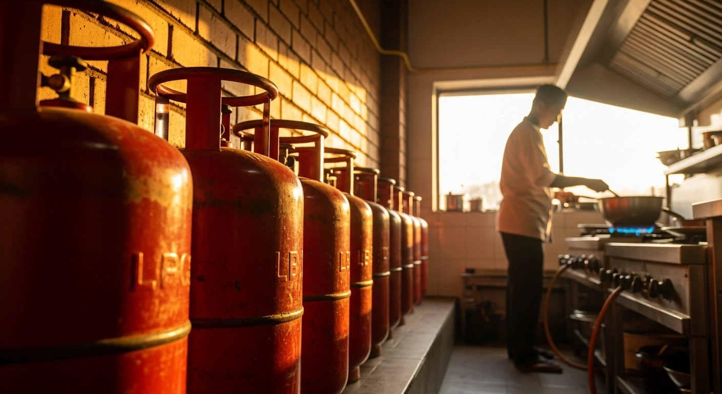 A row of commercial LPG cylinders stands in a professional kitchen to represent the Indian government's increased fuel allocation for the hospitality sector.