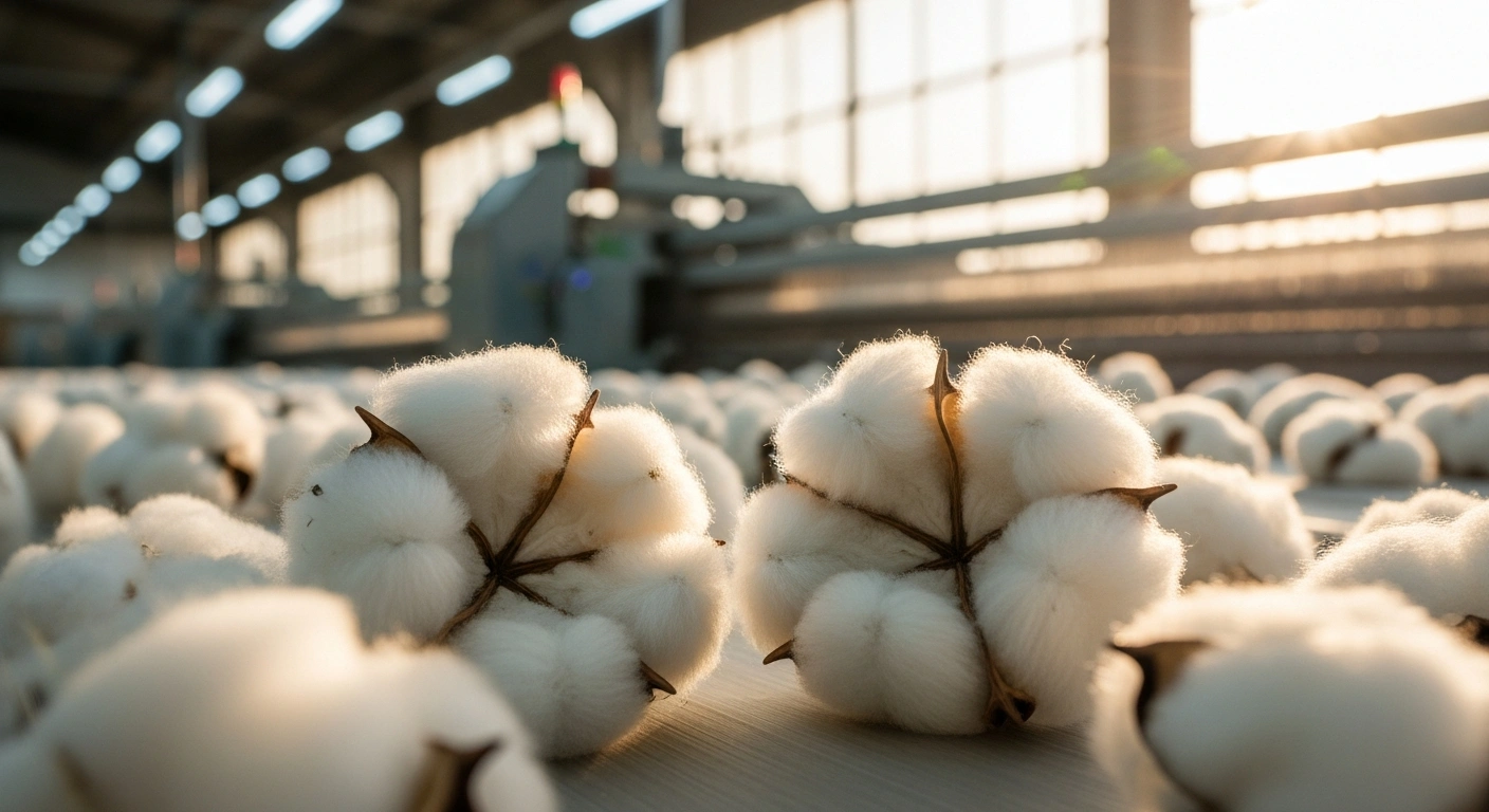 A close-up view of raw cotton bolls in a textile factory representing the Indian government's temporary customs duty exemption for cotton imports.
