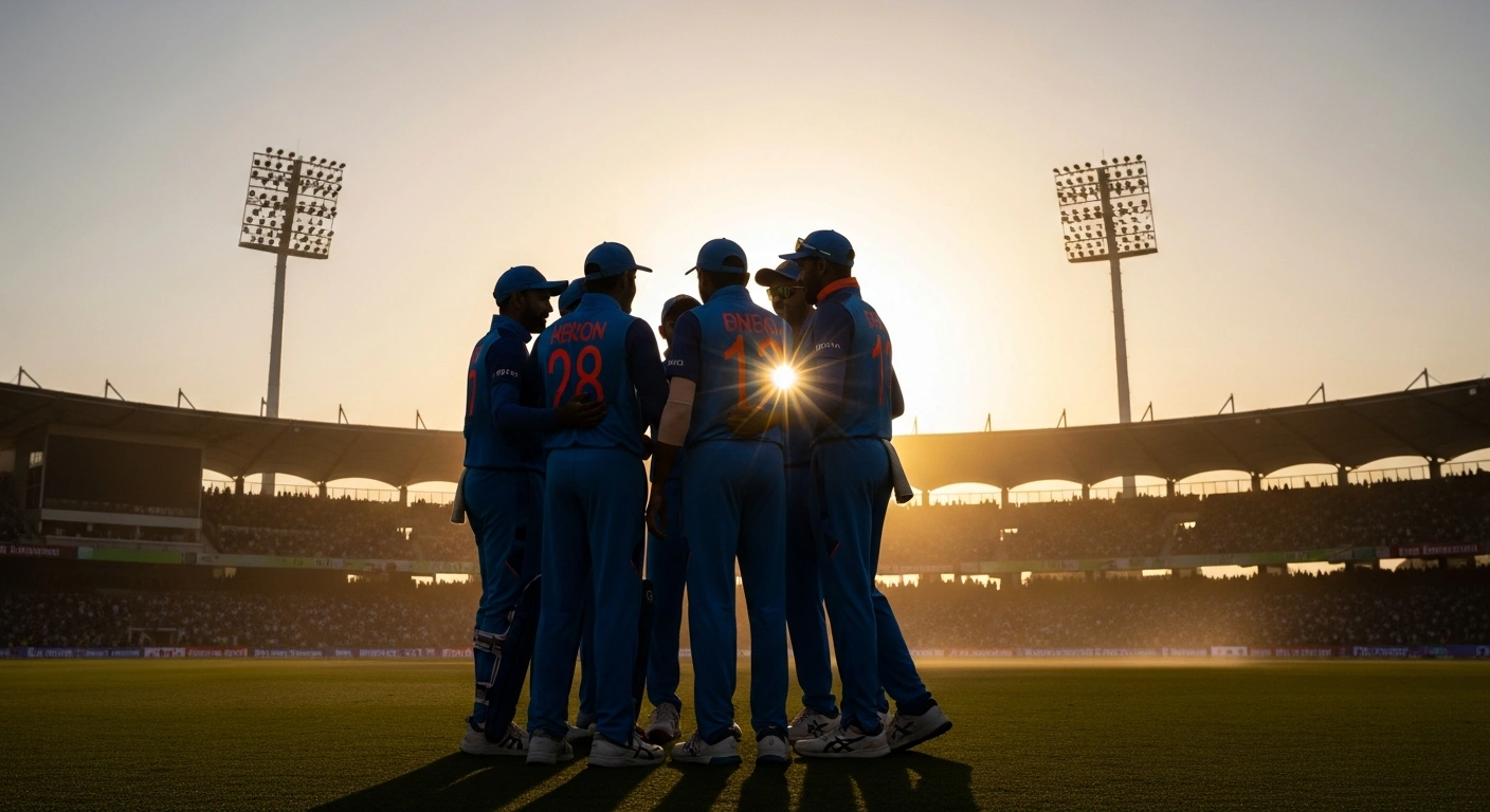 The Indian cricket team celebrates their unbeaten streak and qualification for the Super 8s in the ICC Men's T20 World Cup 2024, silhouetted against a setting sun in a packed stadium.