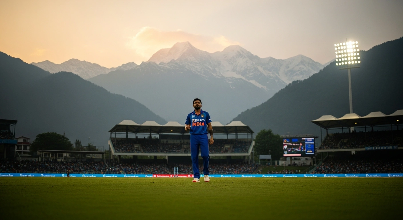 Indian cricket captain Rohit Sharma stands on the field at the Himachal Pradesh Cricket Association Stadium in Dharamshala after a victory against Afghanistan.