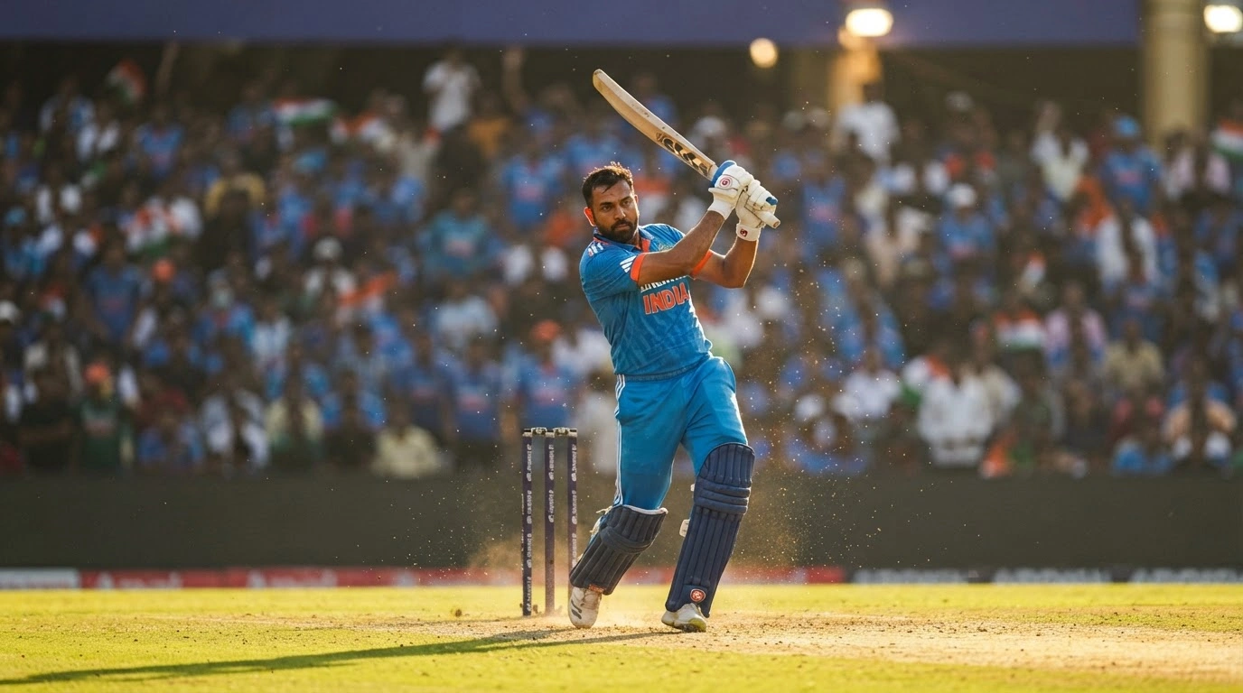 An Indian cricket player hits a shot during a match against the West Indies to secure an eight-wicket victory.