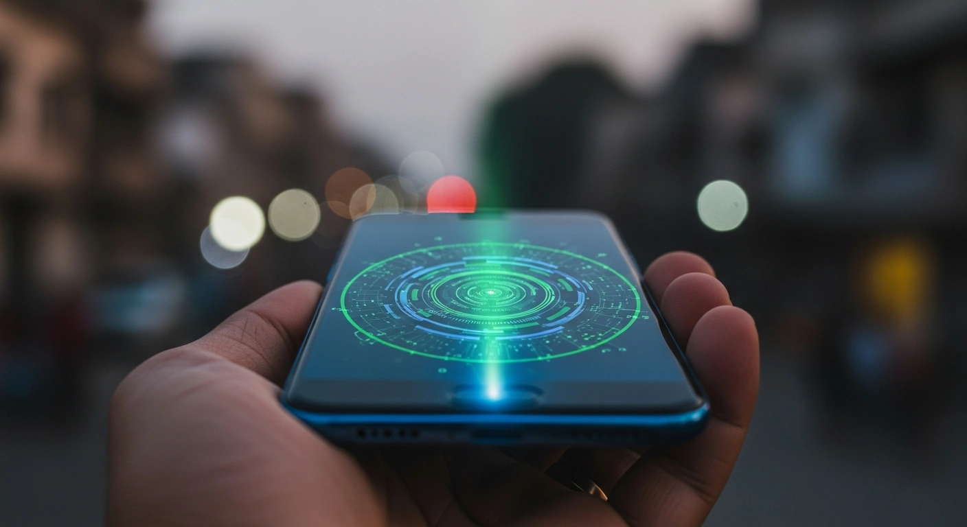 A close-up shot of a modern smartphone held in a hand, its screen emitting a blue and green digital glow, symbolizing the pre-installed Sanchar Saathi cybersecurity app mandated by the Indian Department of Telecommunications on new mobile phones in India to combat cyber fraud and phone theft.