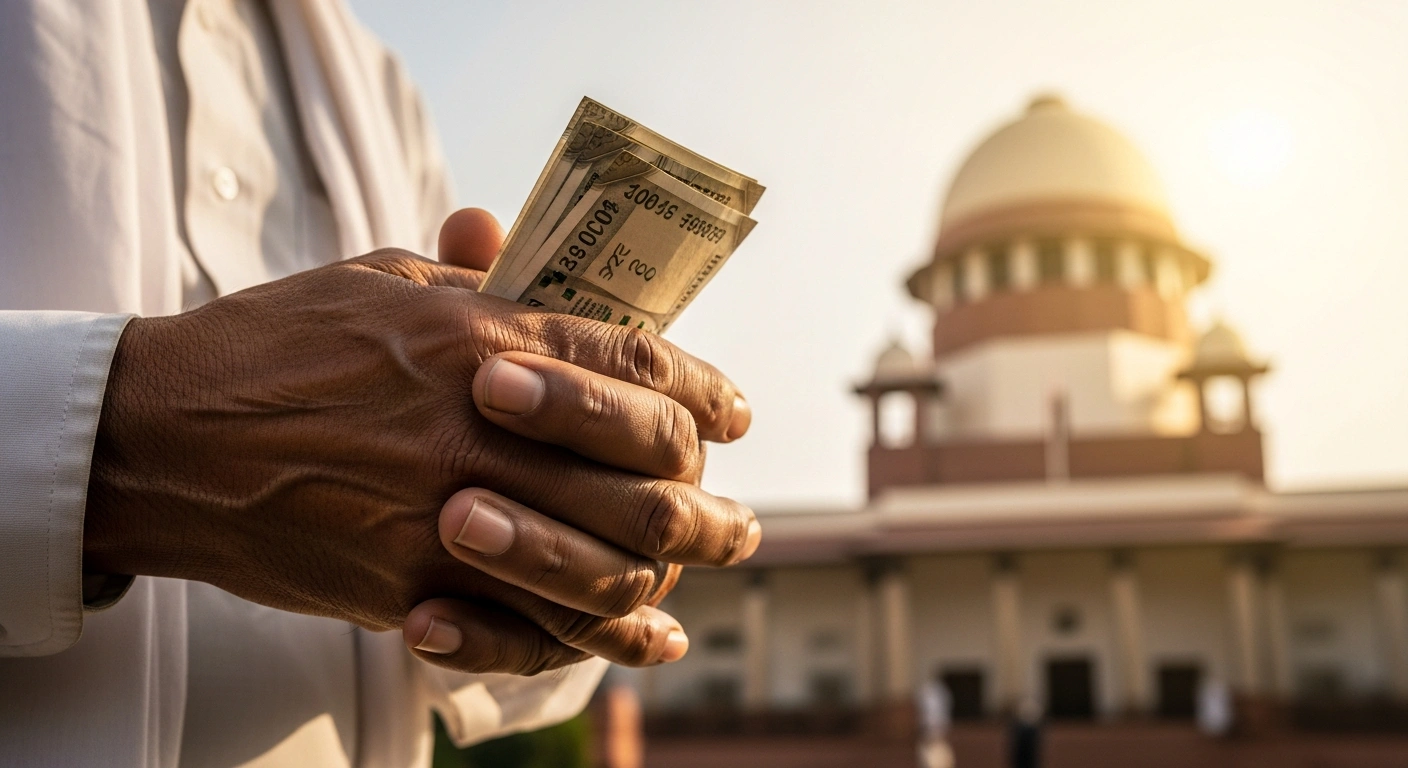 A close-up shot shows the weathered hands of an elderly Indian man gently holding a small stack of Indian rupee notes, illuminated by warm light, symbolizing the Supreme Court's decision to release Dearness Allowance arrears for central government employees and pensioners.