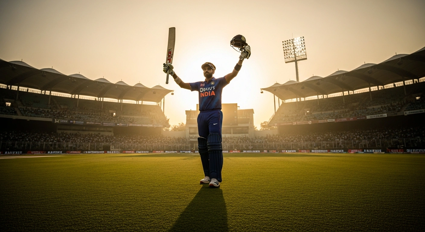 An Indian cricket player celebrates a commanding victory against Afghanistan during a historic Test match at the M. Chinnaswamy Stadium in Bengaluru.