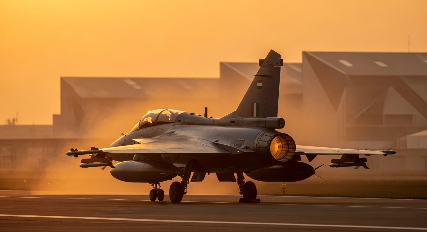 A modern, indigenously built Indian fighter jet, like a Tejas, is poised on a runway at sunrise, symbolizing India's record ₹7.85 lakh crore defense allocation and its commitment to military modernization and indigenous manufacturing following 'Operation Sindoor'.