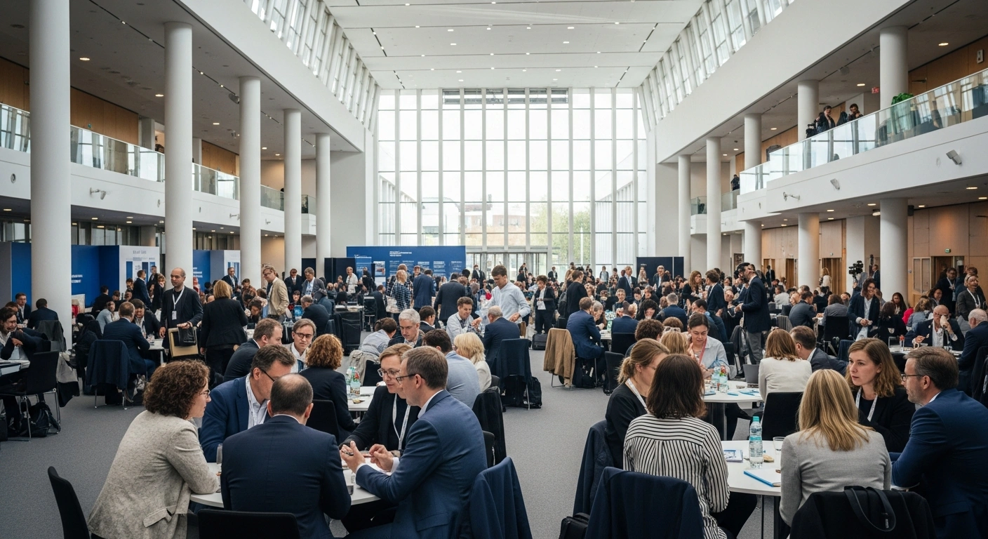 A wide shot shows diverse international delegates conversing in a grand, contemporary convention center, representing the inaugural India International Conference on Democracy and Election Management (IICDEM) 2026 hosted by the Election Commission of India at Bharat Mandapam, New Delhi.