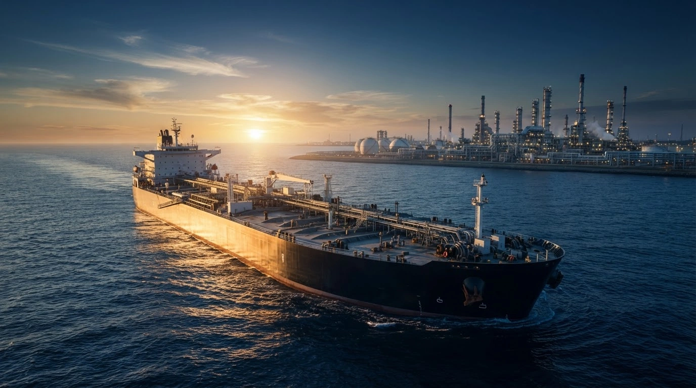 A large oil tanker departs from an industrial refinery in India to export diesel fuel during a period of peak global demand.