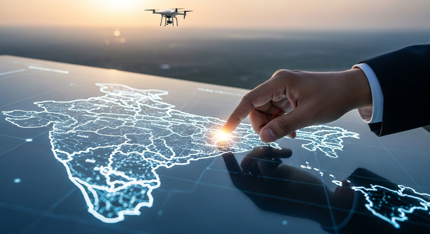 A high-angle, photorealistic image depicts a vast, diverse Indian landscape at dawn, subtly transitioning into a glowing digital map, with an authoritative hand poised over a highlighted region, symbolizing the Union Home Secretary's directive to halt jurisdictional changes in preparation for India's first digital Population Census 2027, which will include caste enumeration.