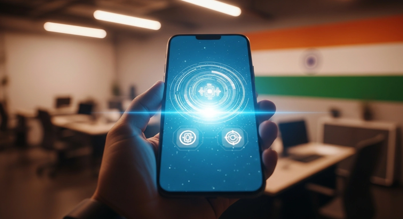 A person uses a smartphone to complete an online Overseas Citizen of India application on a digital platform.