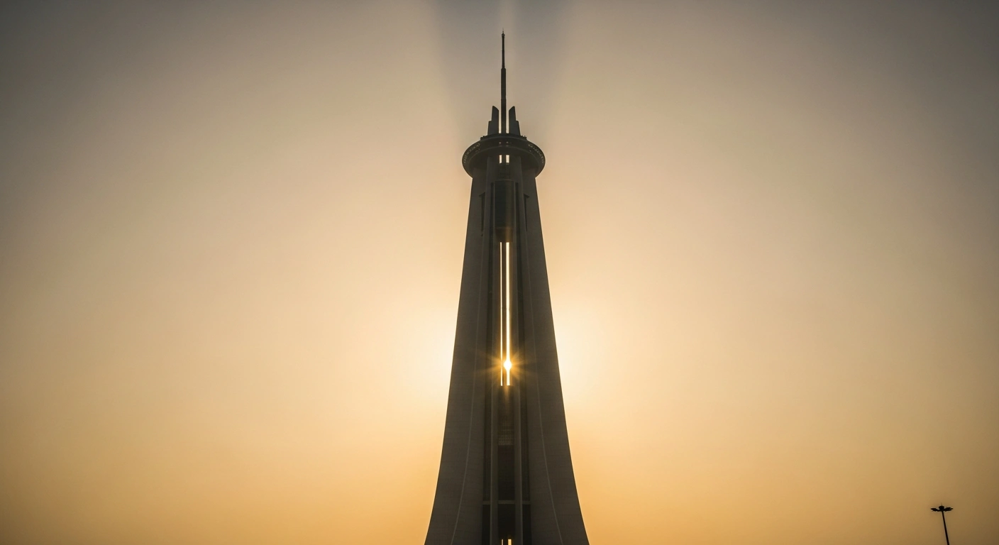 A low-angle, wide shot captures a towering, abstract financial edifice in an Indian setting at dawn, bathed in golden light with upward-streaking sunbeams, symbolizing India's robust 7% year-on-year increase in net direct tax collection to ₹12.92 trillion, fueled by higher corporate tax receipts and reduced tax refunds.