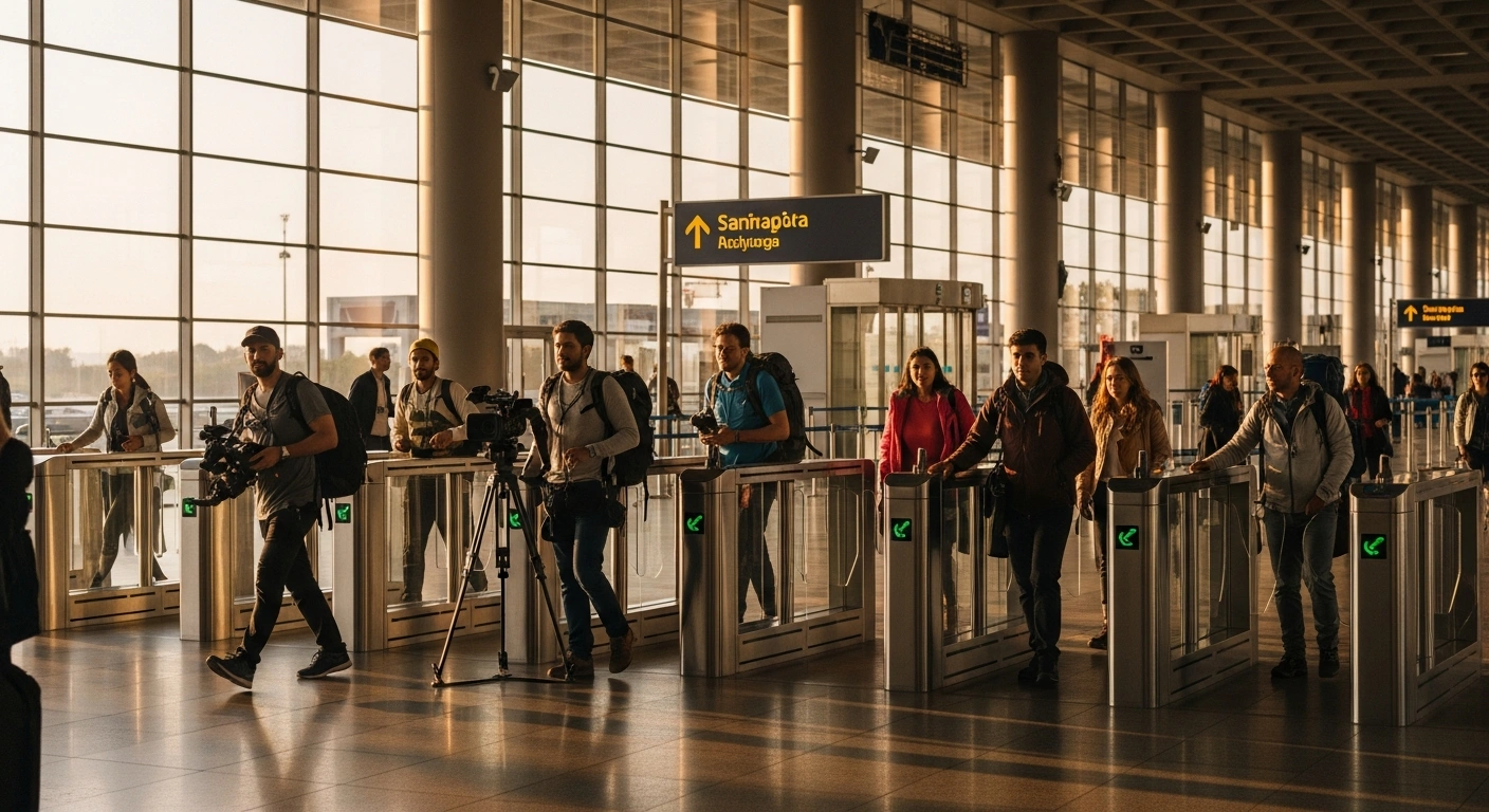 A wide shot of a modern Indian international airport terminal during golden hour shows diverse international travelers, including those with film equipment and mountaineering gear, moving smoothly through automated entry gates, symbolizing the Indian government's expanded e-visa categories to streamline entry and boost tourism and film production.