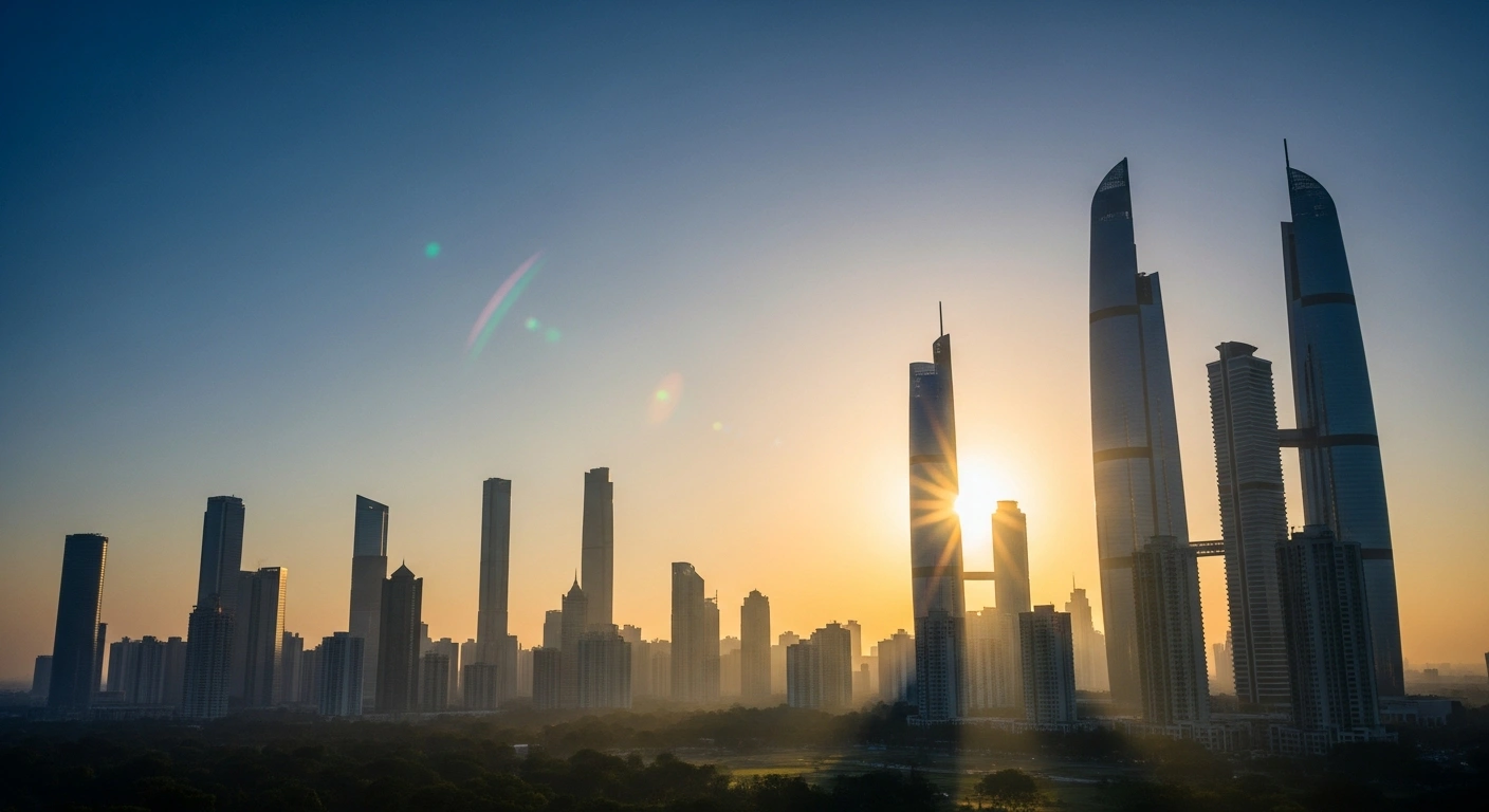 A wide shot of a modern Indian city skyline at dawn, with golden sunlight illuminating tall skyscrapers, symbolizing India's projected economic growth and its position as the fastest-growing major economy amidst global uncertainties.