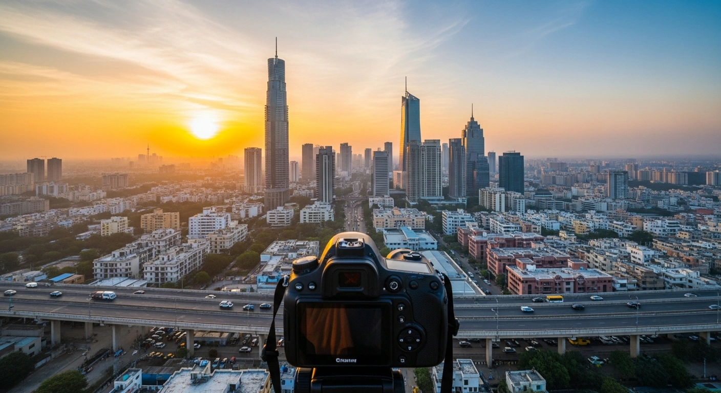 A vibrant Indian cityscape at dawn, featuring modern skyscrapers and bustling infrastructure illuminated by the golden light of a rising sun, symbolizing India's robust 6.5% GDP growth and future prosperity driven by strong domestic demand and investment.