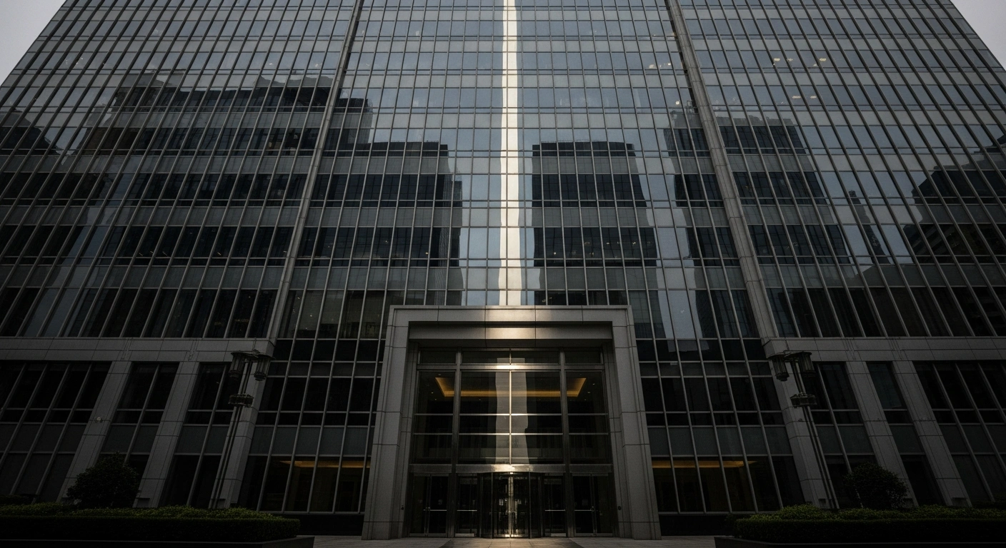 A modern corporate skyscraper with a grand, polished entrance, illuminated by a stark beam of cold light under an overcast sky, depicting the provisional attachment of over ₹7,500 crore in assets linked to the Reliance Anil Ambani Group by India's Enforcement Directorate as part of a money-laundering investigation.