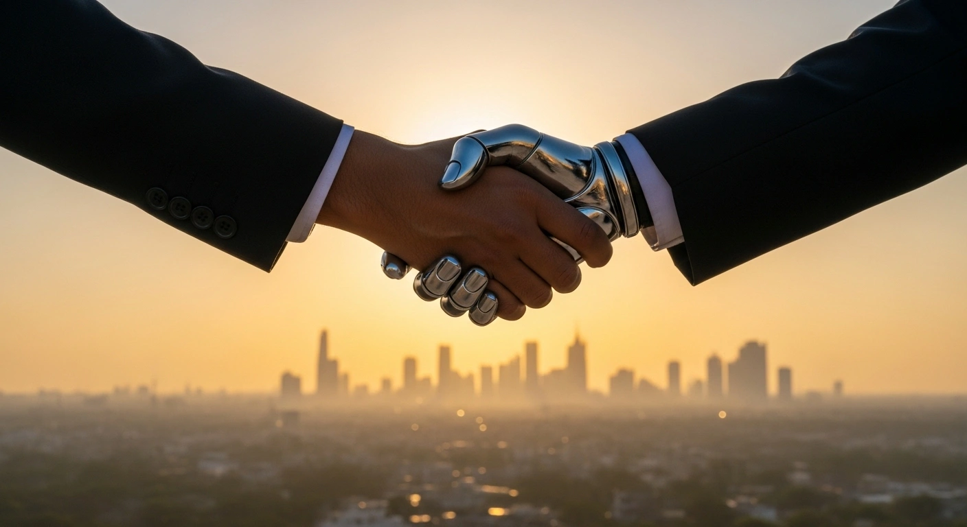 A stylized, firm handshake between two hands, one with warm, earthy tones and the other sleek and metallic, is silhouetted against a golden hour sunrise over a futuristic Indian cityscape, representing the Trade and Economic Partnership Agreement (TEPA) between India and EFTA, and its commitment to $100 billion investment and 1 million jobs.