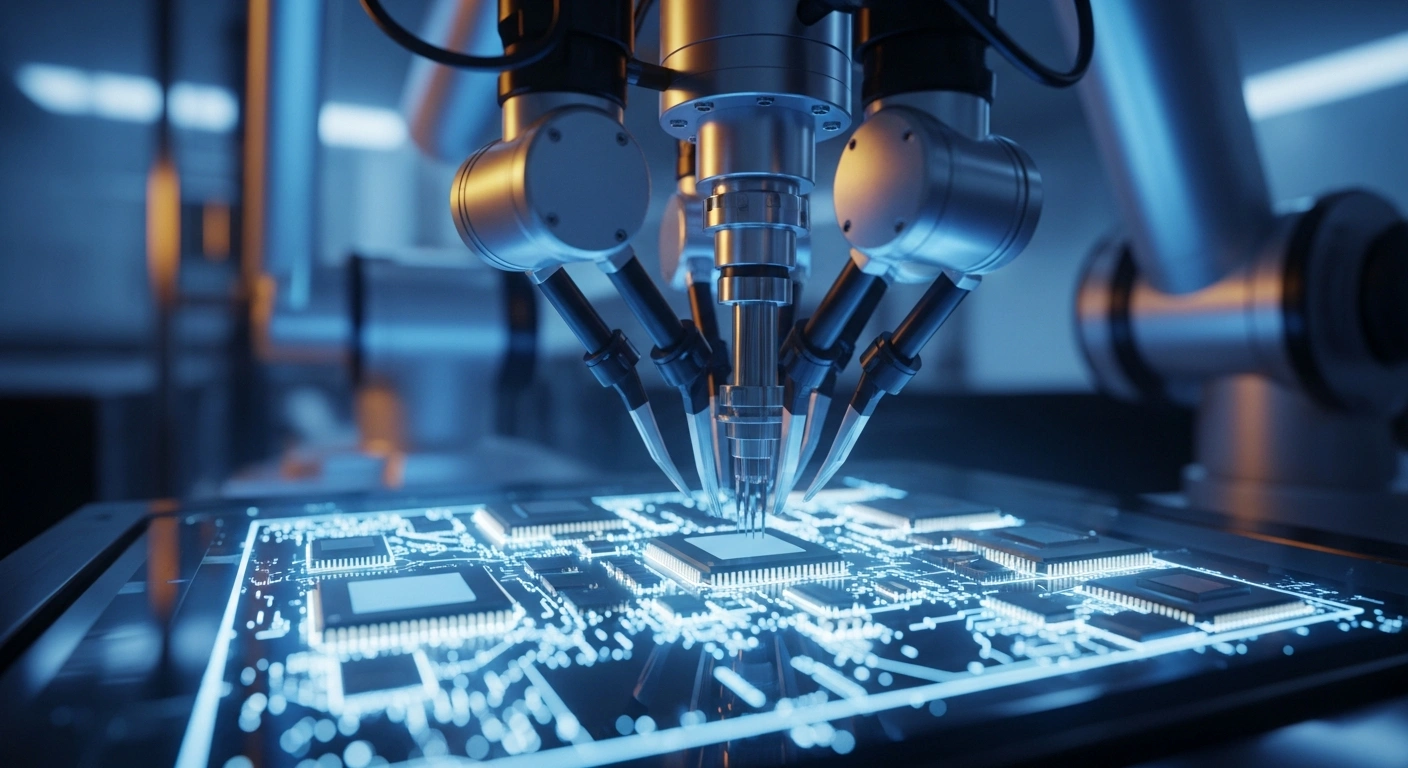 A robotic arm assembles electronic components in a high-tech manufacturing facility as part of India's new electronics production initiative.