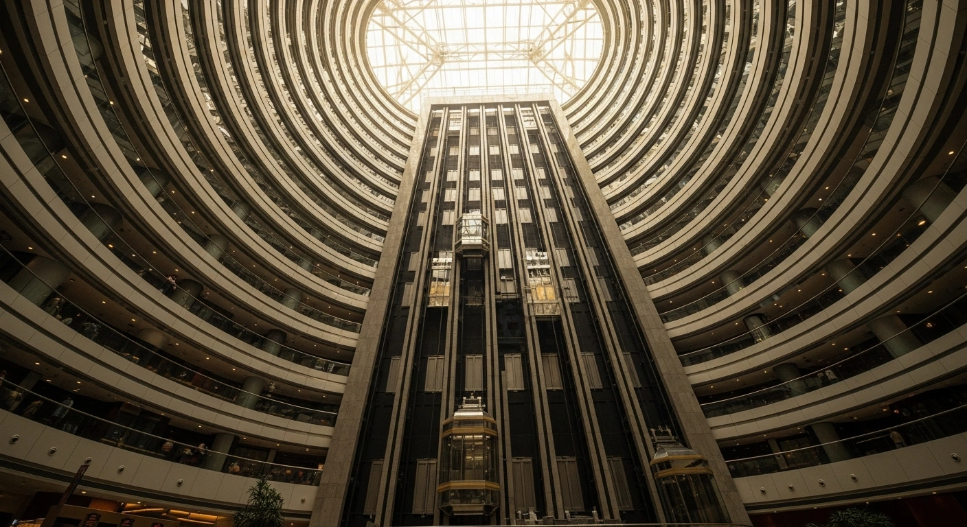 A low-angle shot captures multiple sleek, high-speed elevators moving within the soaring, modern atrium of an Indian skyscraper, symbolizing the anticipated growth of India's elevator and smart vertical mobility sector driven by Union Budget 2026's infrastructure spending, digitalization incentives, and local manufacturing boosts for urban development and economic growth.
