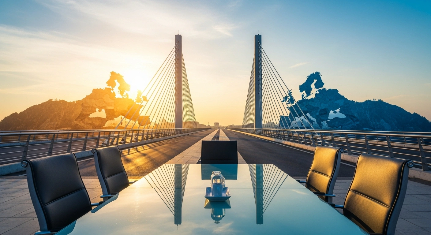 A symbolic representation of the India and European Union free trade agreement featuring a modern bridge connecting two regions under a bright sky.