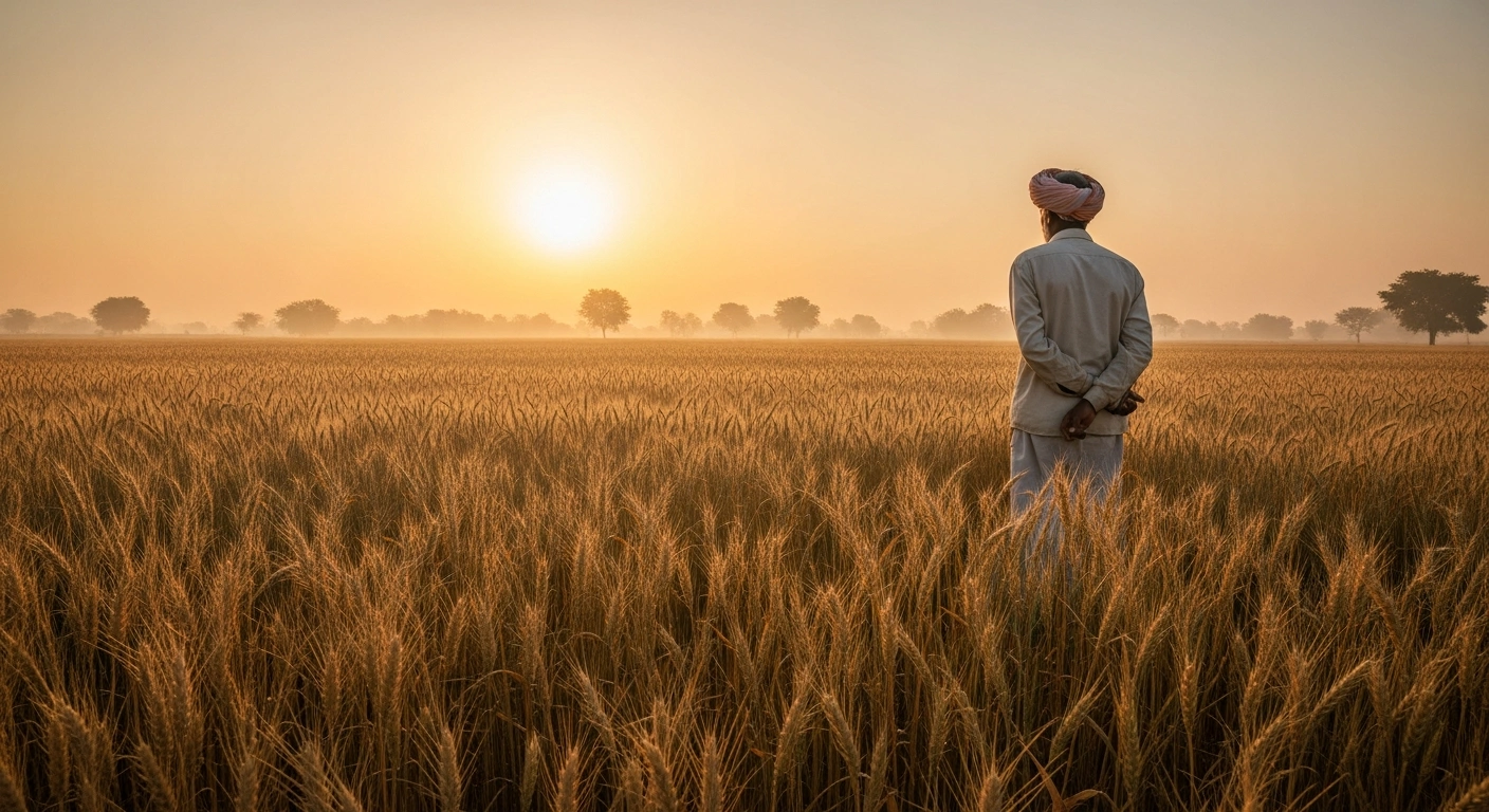 A weathered Indian farmer stands in a vast, golden wheat field at sunrise, his silhouette strong against the rising sun, representing the invaluable contributions of farmers to India's food security and agricultural development.