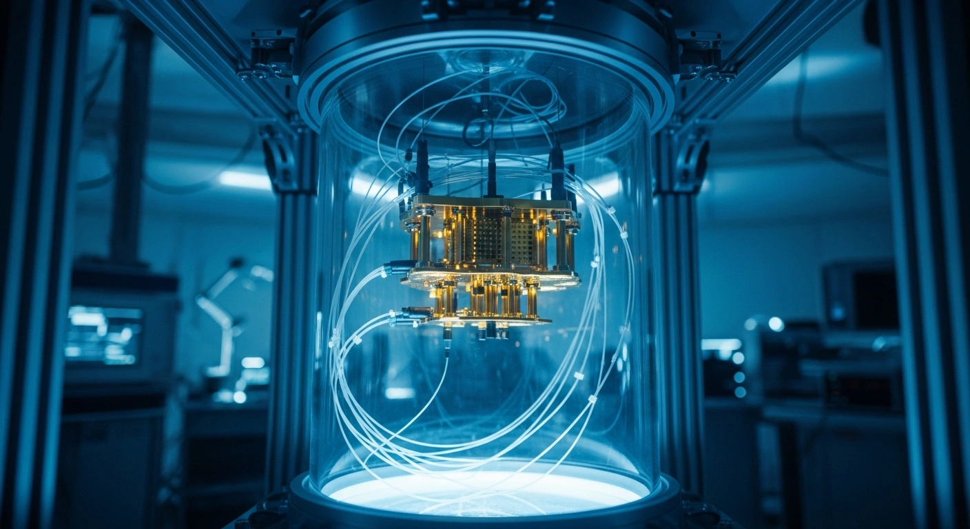A high-tech quantum computing testbed glows in a research laboratory in Andhra Pradesh, representing India's advancement in quantum technology.