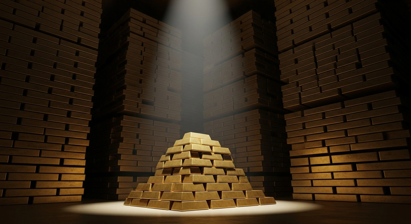 A dimly lit, secure vault holds towering stacks of gleaming gold bars, with a single spotlight illuminating a newly added pile, symbolizing the significant increase in India's foreign exchange reserves, primarily driven by a surge in gold reserves, as reported by the Reserve Bank of India.