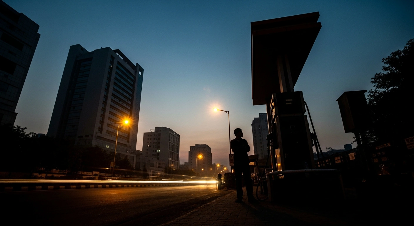 A silhouette of a person stands at a fuel station in an Indian city, representing the call for fuel conservation amid concerns over global oil supply chain instability.