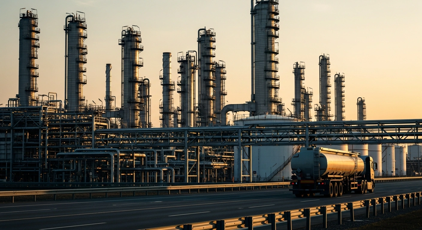 A modern oil refinery at sunset represents the Indian government's reduction of export duties on petrol, diesel, and aviation turbine fuel.