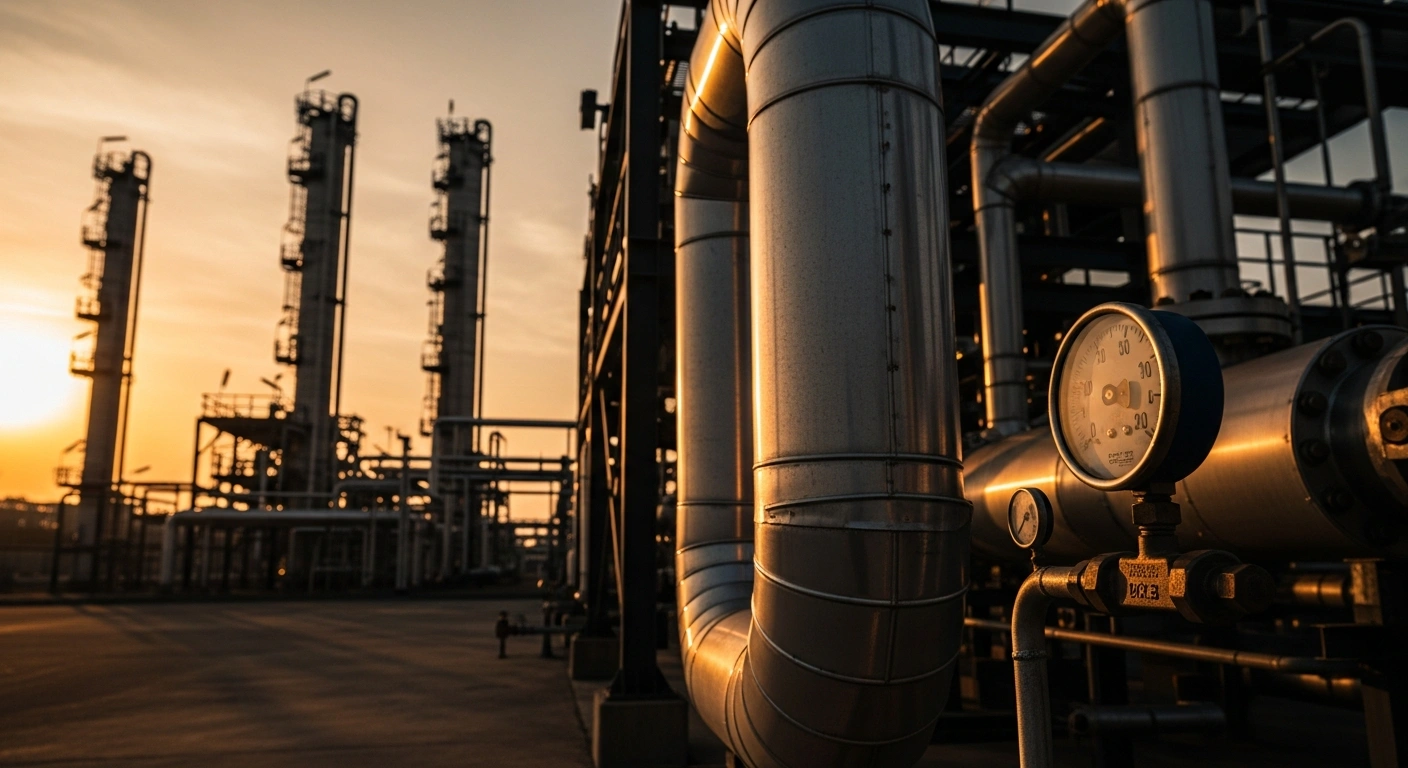 An industrial oil refinery at sunset represents the Indian government's updated windfall profit tax on petroleum products.