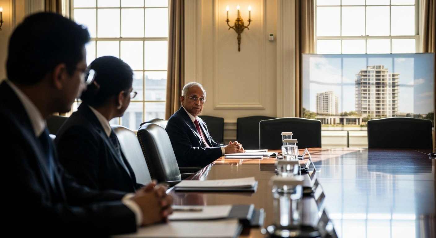 A distinguished Indian diplomat, Chargé d'affaires Namgya Khampa, is seated as an observer at a formal conference table in a sunlit Washington D.C. meeting room, contemplating discussions about Gaza's redevelopment and lasting peace during the inaugural meeting of former U.S. President Donald Trump's Board of Peace.