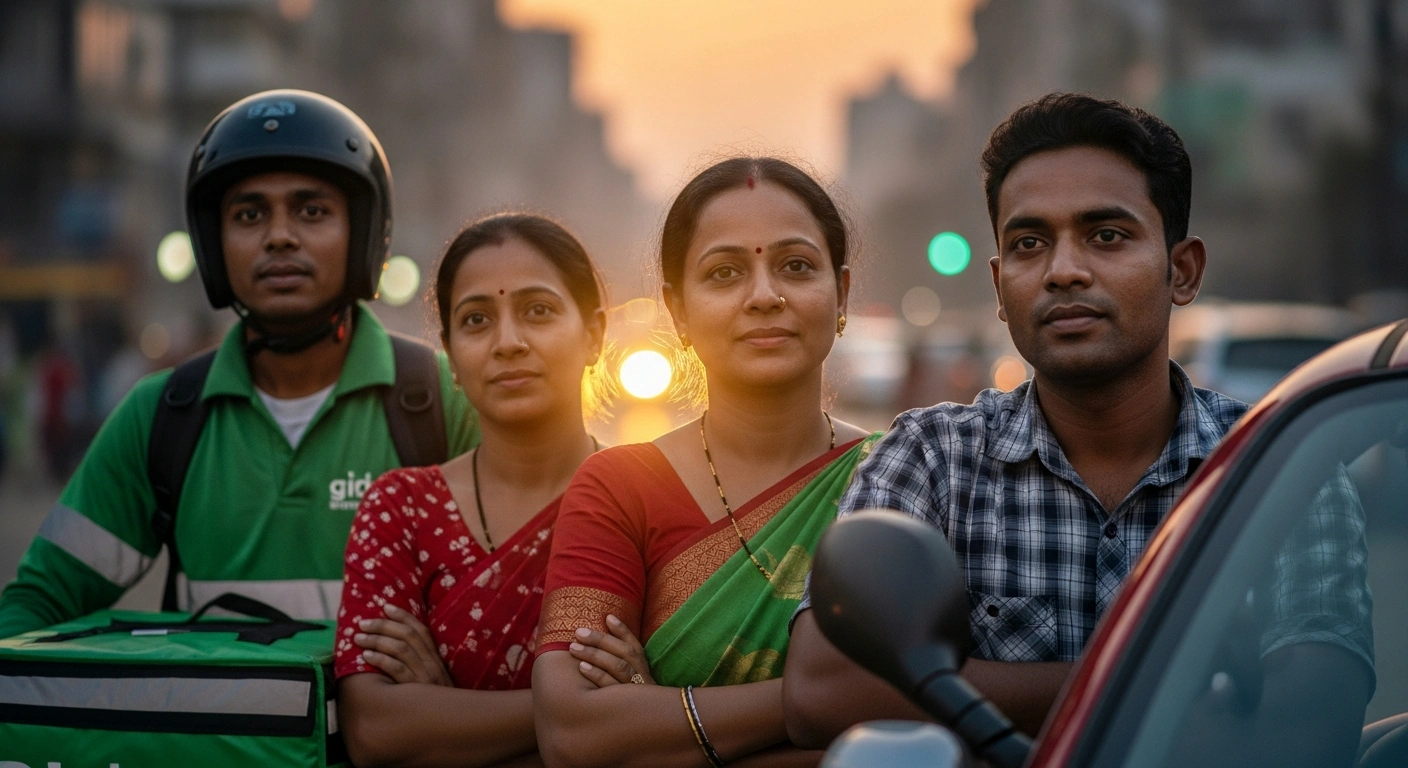 A diverse group of Indian gig workers, including a delivery rider, domestic helper, and rideshare driver, stand together at dusk, illuminated by warm light, symbolizing the extension of social security benefits like life, disability, health, maternity, and old-age protection by the Indian Union government.