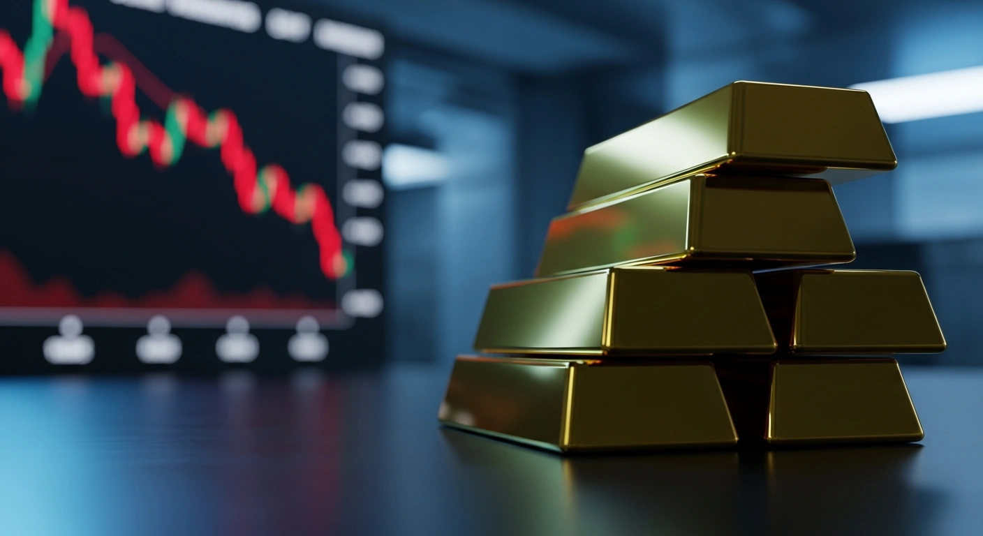 A stack of gold bars sits on a reflective table with a blurred financial stock market background representing the recent decline in gold prices in India.