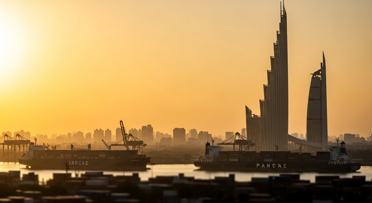 A modern Indian cityscape at sunrise features a towering skyscraper symbolizing economic growth, with cargo ships and containers in the foreground representing robust import-related revenue contributing to India's increased GST collections of ₹1.74 trillion.