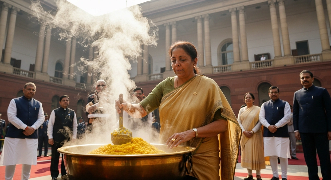 India's Finance Minister Nirmala Sitharaman participates in the traditional Halwa Ceremony at North Block, stirring a large pot of halwa, surrounded by officials, marking the final phase of Union Budget 2026-27 preparations.