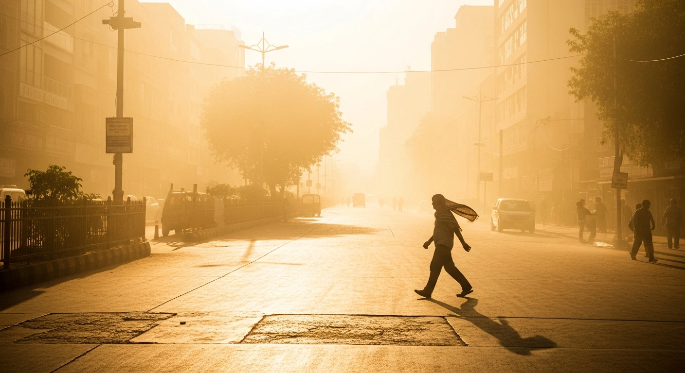 A person walks down a sun-scorched street in India during a severe heatwave as temperatures reach 44 degrees Celsius.