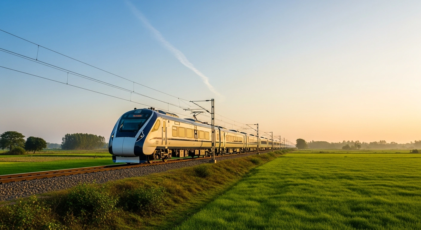 The first hydrogen-powered DEMU train travels through a rural landscape in Haryana as part of India's green energy rail initiative.