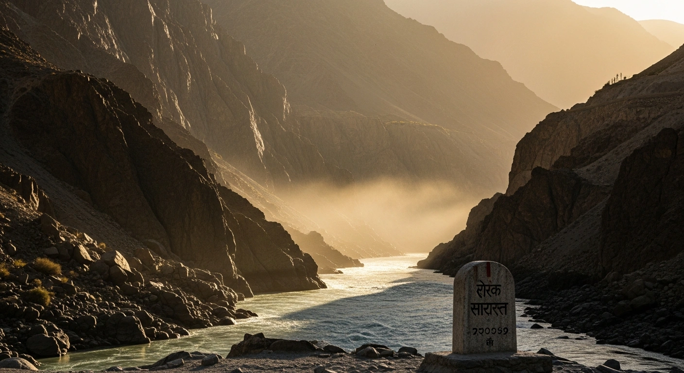 A dramatic landscape shot of the Indus River flowing through a Himalayan gorge, representing the ongoing dispute over hydroelectric projects and the Indus Waters Treaty.