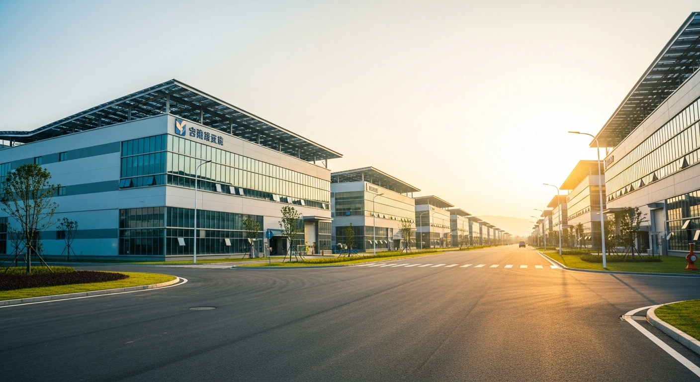 A modern industrial park with multiple manufacturing facilities represents the Bharat Audyogik Vikas Yojna initiative to boost Indian infrastructure.