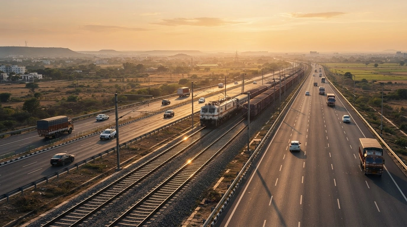 A modern highway and railway network under construction in India represents major infrastructure projects aimed at improving connectivity and economic growth.