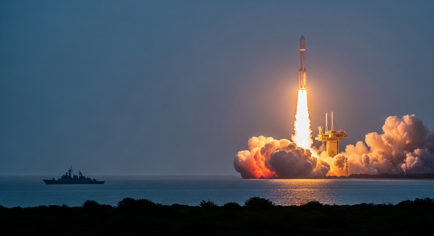 A powerful LVM3-M5 rocket launches into a twilight sky from Sriharikota, its fiery exhaust illuminating the scene, with a naval warship visible on the distant Indian Ocean horizon, symbolizing the successful deployment of ISRO's CMS-03 (GSAT-7R) communication satellite for the Indian Navy.