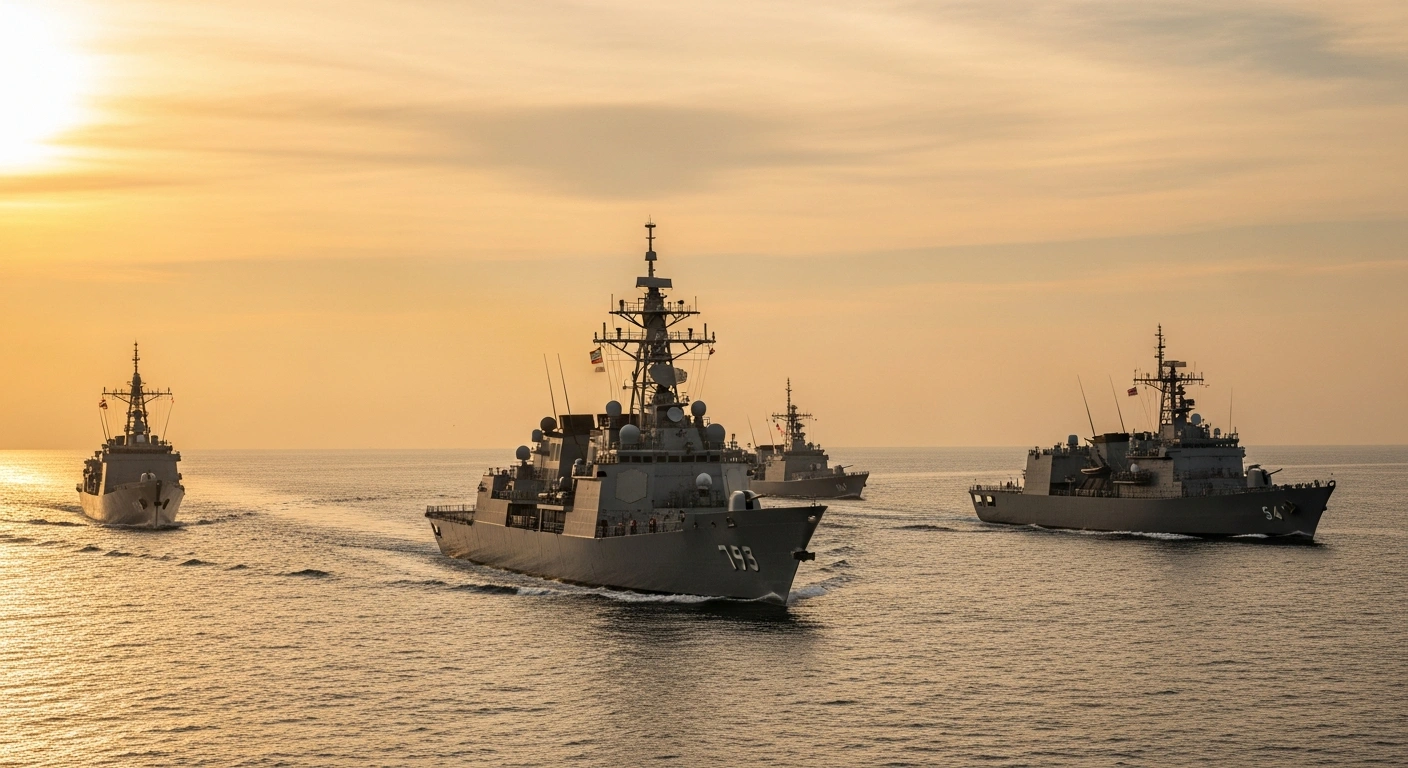 Three warships, representing the Indian Navy, Japan Maritime Self-Defense Force, and Indonesian Navy, sail in a precise formation across the Andaman Sea during a trilateral exercise.