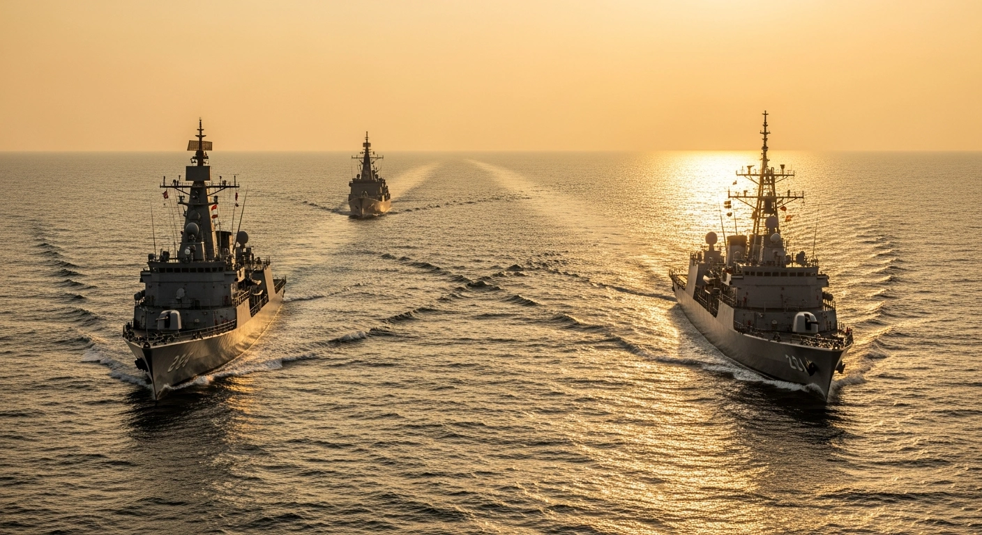 Two naval vessels, one Indian and one Japanese, sail in formation on a calm, sunlit ocean, symbolizing enhanced maritime cooperation and a collaborative approach to a Free and Open Indo-Pacific.