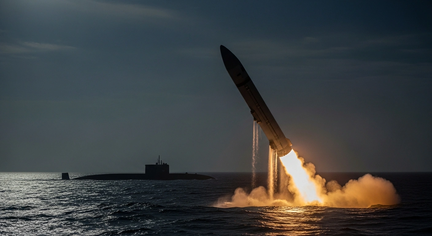 An intermediate-range K-4 ballistic missile, launched from the nuclear-powered submarine INS Arighaat, emerges powerfully from the dark waters of the Bay of Bengal, its fiery exhaust illuminating the night sky, symbolizing India's enhanced sea-based nuclear attack capability and reinforced nuclear triad.